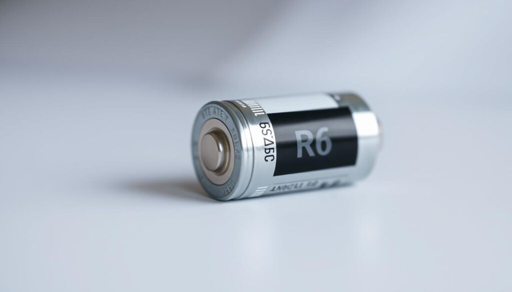 A close-up photograph of a single R6 battery, also known as an AA battery. The battery is centered in the frame, with a soft, diffused lighting illuminating its metallic body from the side. The surface of the battery is detailed, showcasing its textured ridges and the manufacturer's logo. The background is blurred, creating a sense of depth and focus on the battery itself. The overall tone is clean, crisp, and neutral, highlighting the utilitarian nature of the R6 battery and its practical applications in everyday devices.