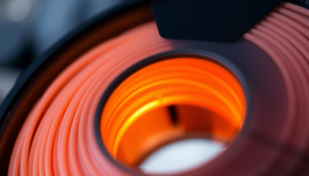 A close-up view of a 3D printer filament spool, showcasing the detailed texture and composition of the plastic material. The filament is prominently displayed in the center of the frame, with a soft, even lighting illuminating its cylindrical form and revealing its intricate internal structure. The background is blurred, creating a sense of depth and focus on the filament itself. The image conveys a sense of technical precision and the importance of filament quality in 3D printing, providing a clear visual representation of the core subject matter. A close-up view of a 3D printer filament spool, showcasing the detailed texture and composition of the plastic material. The filament is prominently displayed in the center of the frame, with a soft, even lighting illuminating its cylindrical form and revealing its intricate internal structure. The background is blurred, creating a sense of depth and focus on the filament itself. The image conveys a sense of technical precision and the importance of filament quality in 3D printing, providing a clear visual representation of the core subject matter.