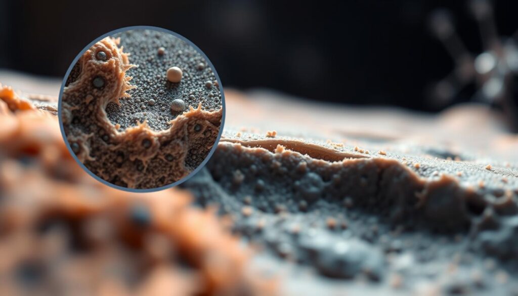 A close-up view of a microscopic surface, revealing the intricate interplay of adhesive forces and molecular interactions. The foreground showcases a magnified section of a material's surface, with distinct textures and patterns that illustrate the concept of adhesion. The middle ground provides a sense of scale, with subtle hints of the material's larger structure. The background is softly blurred, creating a dreamlike, scientific atmosphere that emphasizes the importance of adhesion in technological applications. The lighting is soft and directional, casting subtle shadows that accentuate the surface details. The overall composition conveys a sense of depth and complexity, inviting the viewer to explore the nuances of this fundamental phenomenon.