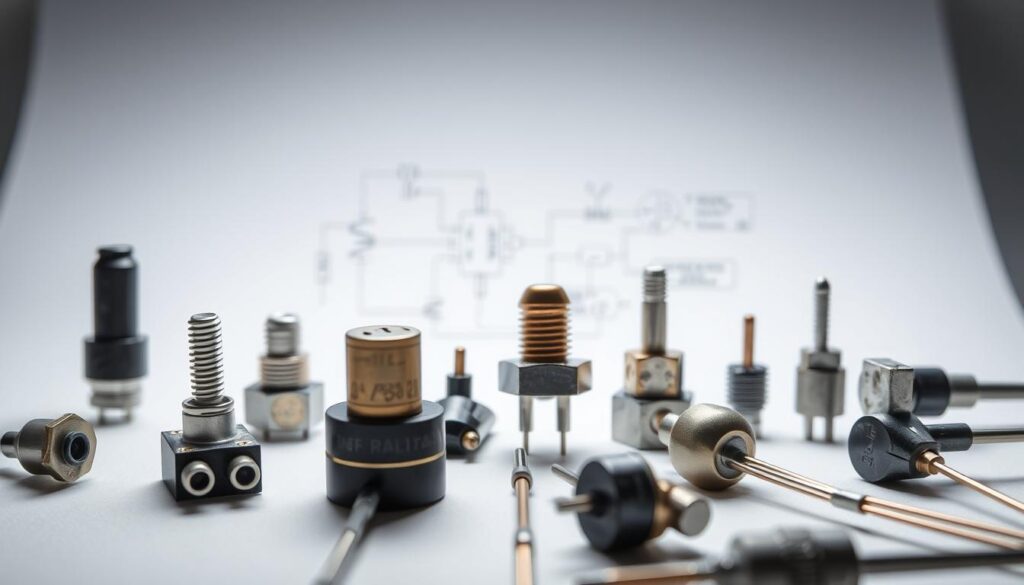 A close-up view of various temperature sensors, showcasing their diverse designs and applications. The foreground features a collection of thermistors, thermocouples, and resistance temperature detectors (RTDs) in different shapes and sizes, capturing their intricate structures and sensing elements. The middle ground includes a schematic diagram illustrating the working principles of these sensors, while the background depicts a clean, minimalist setting with subtle hints of electronic components and circuitry, conveying a sense of precision and technological sophistication. The lighting is soft and even, highlighting the sensors' materials and textures, creating a sleek and modern aesthetic. The overall composition emphasizes the importance of temperature measurement in automation and electronics, setting the stage for the "Introduction to Temperature Sensors" section of the article.