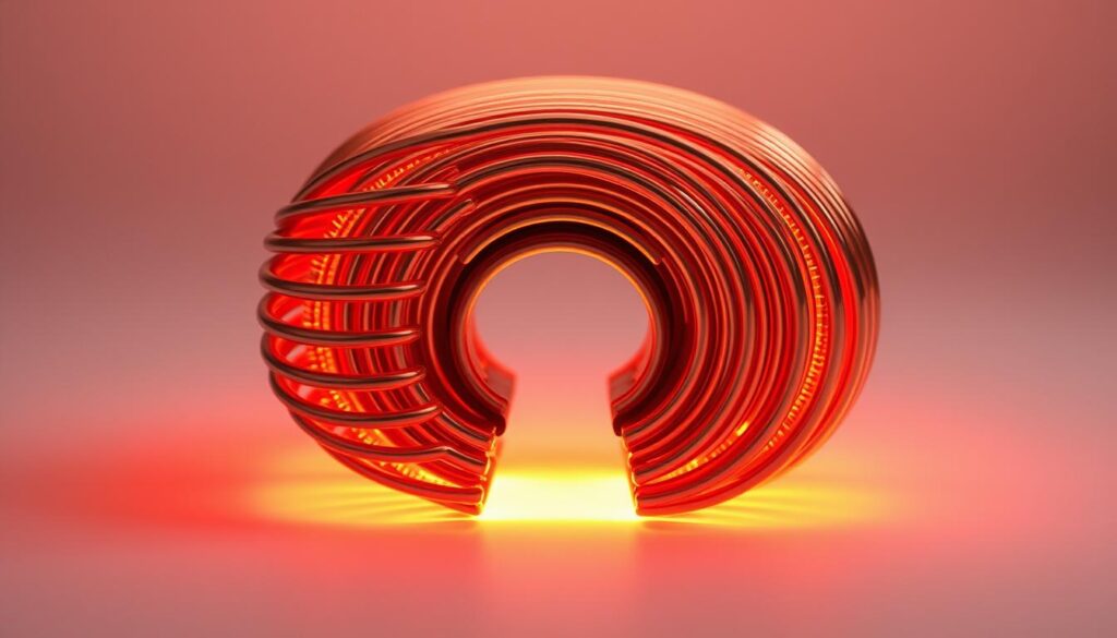 A cross-section of a coil, illuminated by warm, diffused lighting that casts gentle shadows. The copper windings are meticulously rendered, their intricate layers and turns showcasing the elegant design of the device. The coil's core, typically made of a ferromagnetic material, is prominently featured, highlighting its crucial role in the coil's functionality. The background is a soft, muted gradient, allowing the coil to take center stage and emphasize its importance as a fundamental component in electrical and electronic circuits.