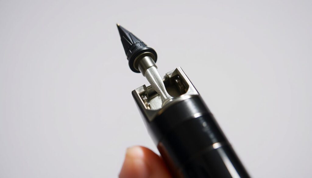 A detailed close-up view of a 3D pen, showcasing its intricate components and mechanisms. The pen is held at a slight angle, revealing the internal workings and the extruding nozzle through which the molten filament is deposited. Bright, directional lighting highlights the metallic and plastic parts, creating crisp shadows that emphasize the depth and texture of the device. The background is a clean, uncluttered studio environment, allowing the 3D pen to be the focal point. The overall mood is one of technical precision and functional elegance, reflecting the innovative nature of this emerging technology.