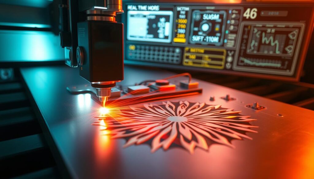 A detailed cross-section of a laser engraving machine, showcasing its inner workings. In the foreground, a powerful laser beam precisely carves intricate patterns into a metal surface. The middle ground reveals the precise mechanical components that guide the laser, including motors, mirrors, and lenses. In the background, a control panel displays real-time data and settings, illuminated by a soft, technical glow. The scene conveys the complex, high-tech nature of laser engraving, with a sense of precision, control, and the transformative power of focused light.