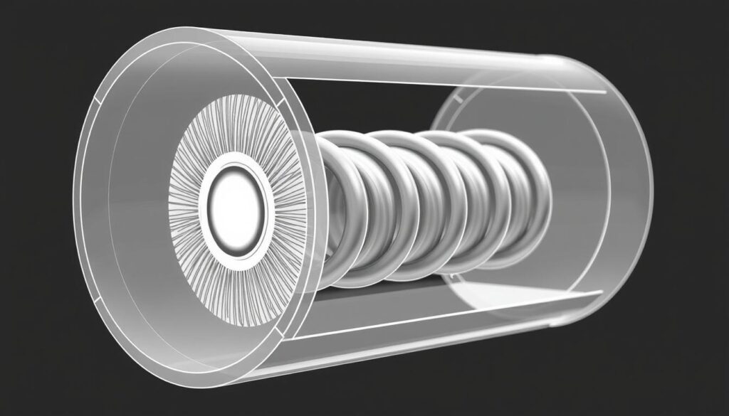 A detailed cross-sectional diagram of the internal structure of an electrical coil or inductor, showcasing its windings, core material, and housing. The image should be rendered in a technical, engineering-style aesthetic, with precise lines, subtle shading, and a neutral color palette to emphasize the component's functional design. Capture the coil from an elevated angle, allowing the viewer to clearly see the arrangement of the turns and the shape of the core. Ensure the overall composition is balanced and informative, conveying the essential elements that make up the construction of this fundamental electronic component.
