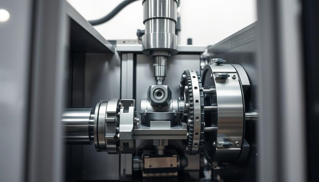 A detailed, cross-sectional view of a CNC milling machine, showcasing its inner workings. The camera captures the machine in crisp detail, with a focus on the spindle, tool changer, and linear axes. Soft, even lighting illuminates the metallic surfaces, emphasizing the precision engineering. The background is a clean, neutral environment, allowing the machine to be the central focus. Subtle depth of field blur creates a sense of depth, guiding the viewer's attention to the most important components. The overall mood is one of technical sophistication and functional elegance.