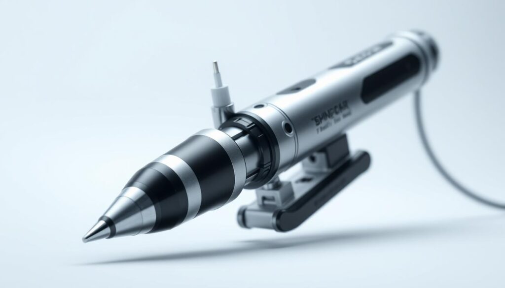 A detailed, high-resolution 3D rendering of a modern 3D pen device, showcasing its intricate mechanical components and overall design. The pen is positioned in the foreground, with a clean, well-lit studio backdrop. The camera angle emphasizes the pen's sleek, ergonomic shape and the various nozzles, buttons, and controls that enable the user to create three-dimensional structures. The lighting captures the sheen of the metallic or plastic materials, and the depth of field highlights the pen's precise engineering. The overall mood is one of technical precision and the potential for creative expression through this innovative drawing tool.