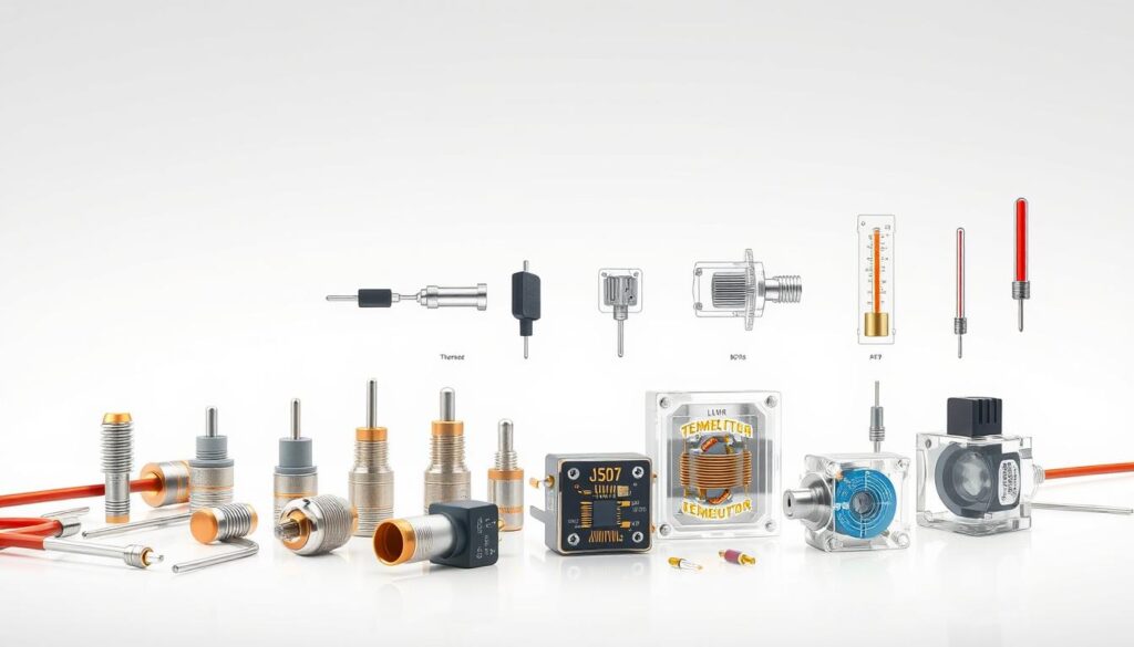 A detailed technical illustration showcasing various types of temperature sensors in a clean, well-lit studio setting. The foreground features a diverse array of sensor modules, including thermocouples, resistance temperature detectors (RTDs), thermistors, and infrared sensors, each highlighted with crisp, accurate details. The middle ground depicts the internal construction and working principles of these sensors, using transparent views and cross-sections to reveal their intricate components. The background maintains a neutral, uncluttered setting to emphasize the technical nature of the subject matter. The lighting is soft and diffused, creating an atmosphere of precision and professionalism suitable for an informative article on temperature sensor technologies.