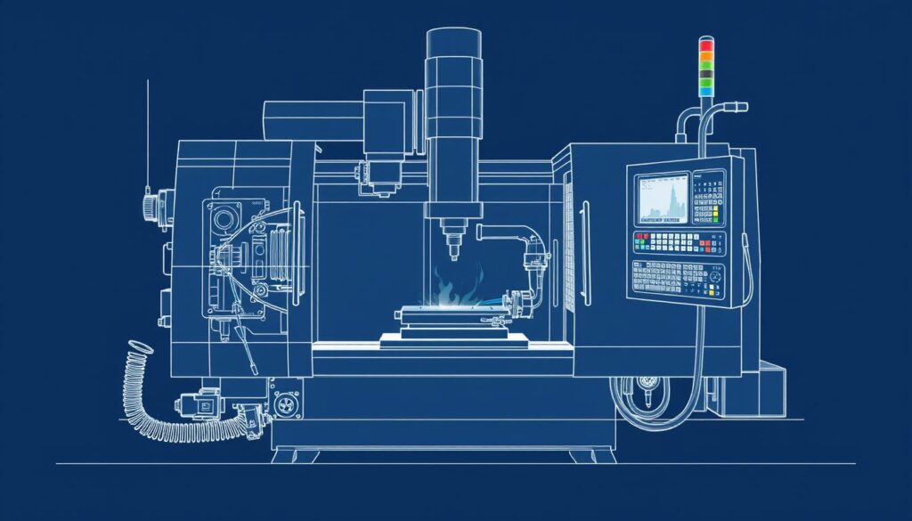 A detailed, technically-accurate blueprint-style illustration of a CNC milling machine in operation, showcasing the intricate inner workings and numerical control systems that enable precision manufacturing. The image should have a clean, industrial aesthetic with crisp lines, metallic textures, and muted color tones to convey the technical nature of computer numerical control (CNC) machining. Depict the cutting tool engaged with the workpiece, the motion control systems, and the digital interface displaying the programmed instructions, all set against a minimalist background that emphasizes the engineering focus. Capture the essence of the "Wprowadzenie do obróbki CNC" section with a visually striking representation of the core principles of CNC technology.