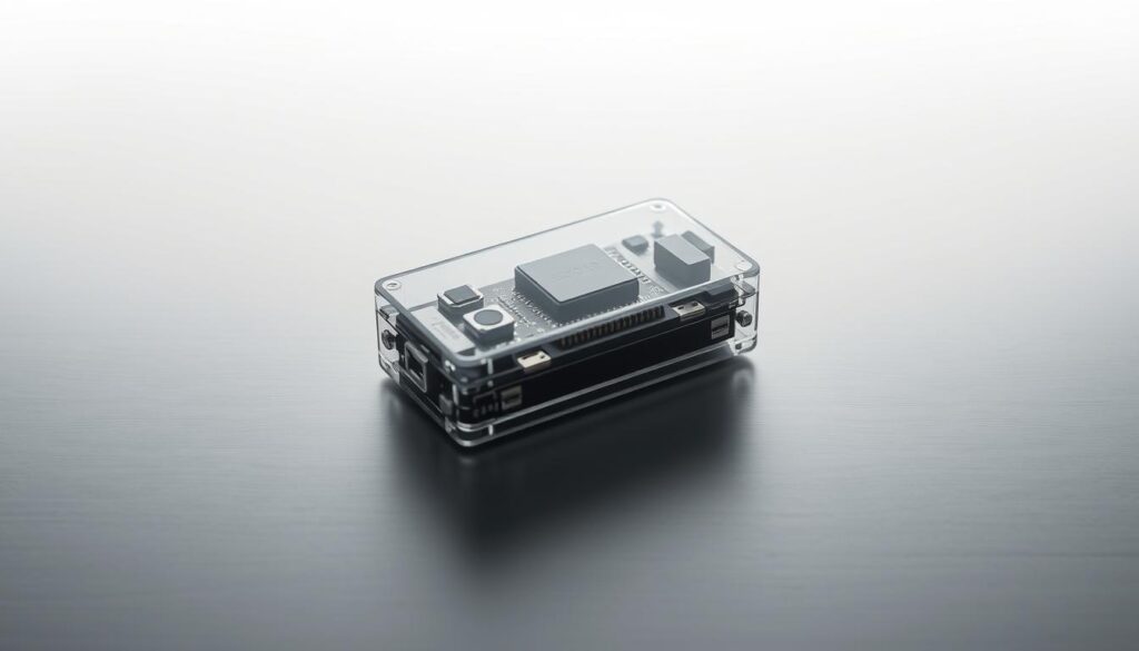 A sleek, modern accelerometer device nestled on a minimalist, brushed steel surface. Delicate circuitry and sensors are visible through a transparent casing, conveying the intricate technology within. Subtle ambient lighting casts soft shadows, highlighting the angular design and precision engineering. The device is presented in a clean, laboratory-like setting, emphasizing its scientific and industrial applications. The overall mood is one of technological sophistication and innovation, reflecting the advanced principles of acceleration measurement.