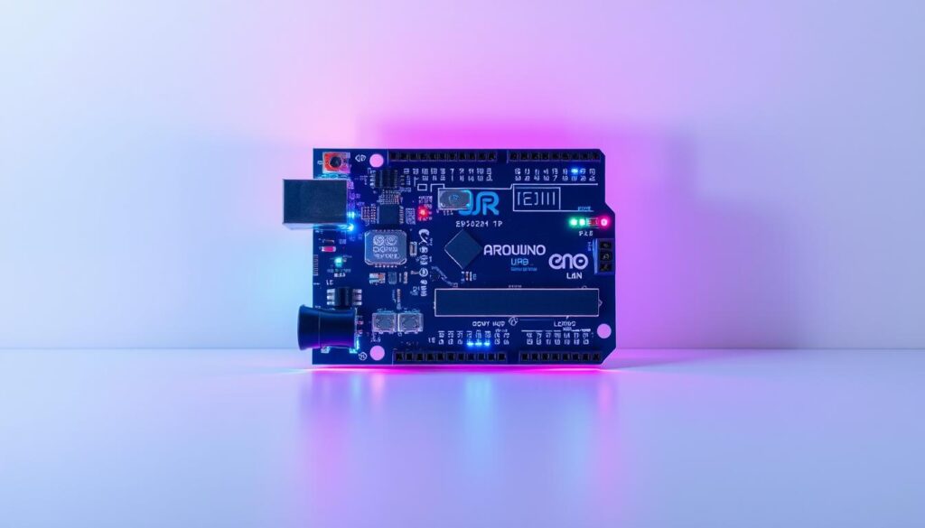 A sleek, modern image of the iconic Arduino board, glowing against a clean, minimalist background. The board's vibrant colors and intricate details are rendered in high resolution, showcasing its elegant design and engineering. The lighting is soft and directional, casting gentle shadows that accentuate the board's three-dimensional form. The composition places the Arduino board centrally, with ample negative space around it to create a sense of focus and emphasis. The overall atmosphere is one of innovation, precision, and technological sophistication, reflecting the Arduino's role as a foundational tool in the world of electronics and programming.