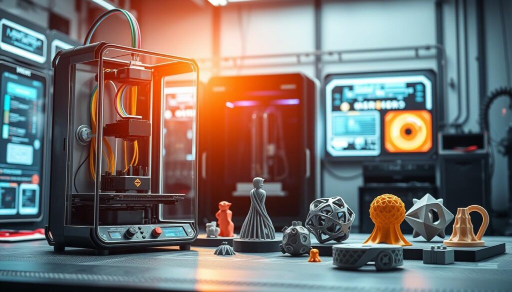 A technologically advanced 3D printing scene, showcasing the intricate mechanisms and processes involved in this revolutionary technology. In the foreground, a sleek, modern 3D printer stands tall, its inner workings visible through a transparent casing. Colorful filaments feed into the printer, ready to be melted and extruded layer by layer. In the middle ground, a series of 3D-printed objects, ranging from intricate geometric shapes to functional prototypes, are displayed. The background is a futuristic, high-tech environment, with glowing panels, digital displays, and a sense of innovation and progress. Bright, directional lighting illuminates the scene, creating dramatic shadows and highlights that emphasize the precision and complexity of 3D printing technology. A technologically advanced 3D printing scene, showcasing the intricate mechanisms and processes involved in this revolutionary technology. In the foreground, a sleek, modern 3D printer stands tall, its inner workings visible through a transparent casing. Colorful filaments feed into the printer, ready to be melted and extruded layer by layer. In the middle ground, a series of 3D-printed objects, ranging from intricate geometric shapes to functional prototypes, are displayed. The background is a futuristic, high-tech environment, with glowing panels, digital displays, and a sense of innovation and progress. Bright, directional lighting illuminates the scene, creating dramatic shadows and highlights that emphasize the precision and complexity of 3D printing technology.