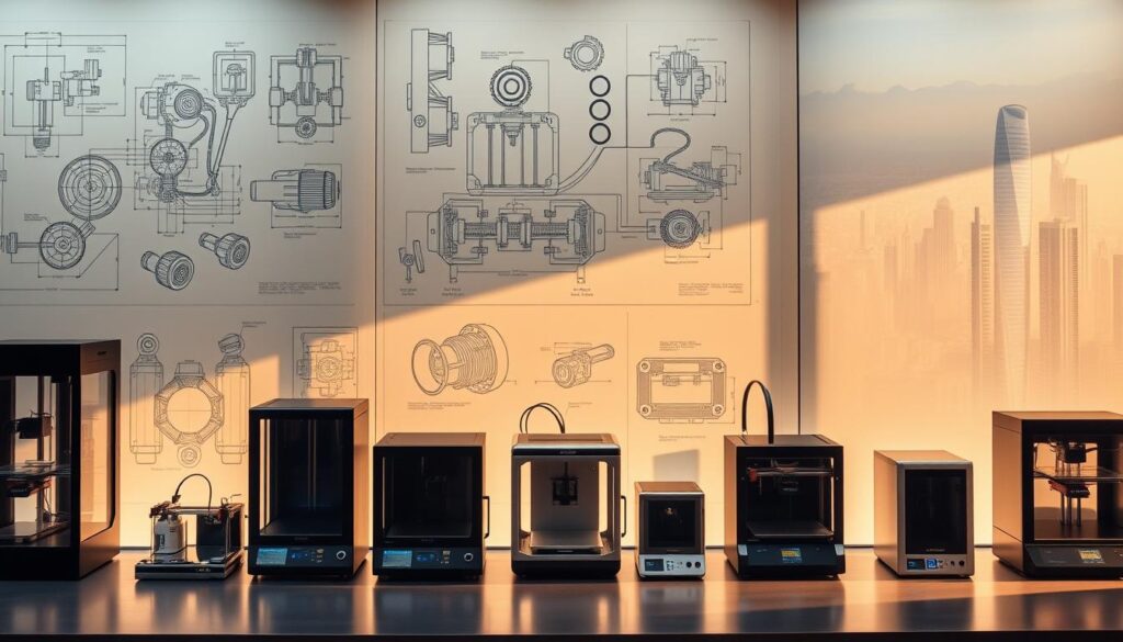 A timeline of 3D printing evolution, showcased against a backdrop of technical schematics and blueprints. In the foreground, a progression of 3D printer models, from the earliest prototypes to modern desktop units, arranged in a dynamic display. The middle ground features cutaway diagrams highlighting key mechanisms and innovations, while the distant background depicts a futuristic cityscape, symbolizing the widespread adoption and integration of 3D printing technology. Warm, muted tones create an atmosphere of technological heritage and progress, with strategic lighting casting shadows that add depth and dimensionality to the scene. A timeline of 3D printing evolution, showcased against a backdrop of technical schematics and blueprints. In the foreground, a progression of 3D printer models, from the earliest prototypes to modern desktop units, arranged in a dynamic display. The middle ground features cutaway diagrams highlighting key mechanisms and innovations, while the distant background depicts a futuristic cityscape, symbolizing the widespread adoption and integration of 3D printing technology. Warm, muted tones create an atmosphere of technological heritage and progress, with strategic lighting casting shadows that add depth and dimensionality to the scene.