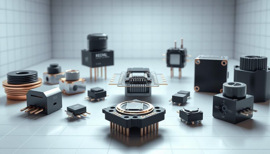 An advanced, high-resolution image of various types of accelerometers, showcasing their distinct designs and functionalities. The foreground features a diverse array of accelerometer sensors, including piezoelectric, capacitive, and MEMS-based models, each with its unique shape, size, and mounting options. The middle ground presents a technical cross-section of an individual accelerometer, highlighting its internal components and the principles of operation. The background depicts a clean, minimalist setting, with subtle grid patterns and a soft, neutral color palette to emphasize the technical nature of the subject. The image is lit from multiple angles, creating depth and emphasizing the intricate details of the accelerometers. The overall mood is one of precision, innovation, and the importance of these vital measurement devices in modern automation and robotics applications.