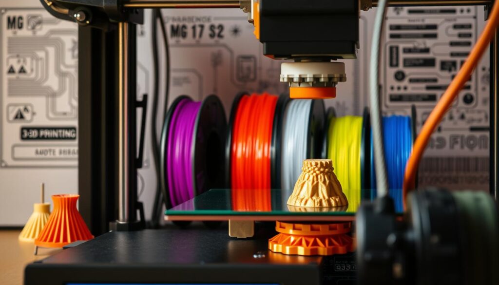 Detailed 3D printing scene depicting the introduction to the process. In the foreground, a 3D printer is in action, extruding filament layer by layer to create a small object. The middle ground features various colorful spools of filament, highlighting the diversity of materials available for 3D printing. The background shows a technical diagram or blueprint, providing context and technical information about the 3D printing technique. The overall scene conveys a sense of innovation, technology, and the versatility of 3D printing. Lighting is warm and inviting, creating a visually appealing and informative image. Detailed 3D printing scene depicting the introduction to the process. In the foreground, a 3D printer is in action, extruding filament layer by layer to create a small object. The middle ground features various colorful spools of filament, highlighting the diversity of materials available for 3D printing. The background shows a technical diagram or blueprint, providing context and technical information about the 3D printing technique. The overall scene conveys a sense of innovation, technology, and the versatility of 3D printing. Lighting is warm and inviting, creating a visually appealing and informative image.