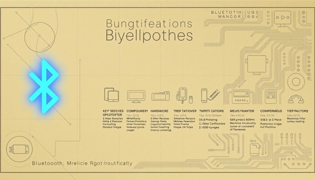 Detailed blueprint of the history and evolution of Bluetooth technology, depicted through an elegant, technical illustration. In the foreground, a sleek, minimalist Bluetooth symbol emanates a soft blue glow, symbolizing the connectivity at the core of the technology. The middle ground showcases a timeline of Bluetooth's milestones, with key hardware components and protocols visualized in a clean, technical style. The background features a subtle circuit board pattern, hinting at the underlying electronics powering Bluetooth's wireless communication. The overall aesthetic is sophisticated, with muted colors and precise, technical renderings to convey the technical prowess and rich history of this ubiquitous wireless standard. Detailed blueprint of the history and evolution of Bluetooth technology, depicted through an elegant, technical illustration. In the foreground, a sleek, minimalist Bluetooth symbol emanates a soft blue glow, symbolizing the connectivity at the core of the technology. The middle ground showcases a timeline of Bluetooth's milestones, with key hardware components and protocols visualized in a clean, technical style. The background features a subtle circuit board pattern, hinting at the underlying electronics powering Bluetooth's wireless communication. The overall aesthetic is sophisticated, with muted colors and precise, technical renderings to convey the technical prowess and rich history of this ubiquitous wireless standard.