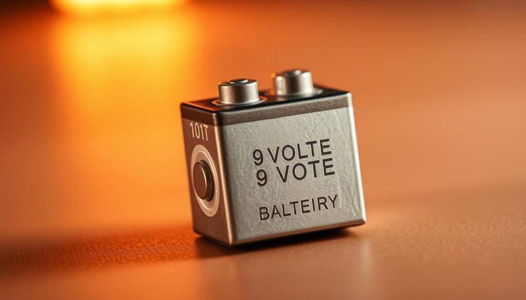 A close-up, detailed view of a 9-volt battery, showcasing its distinctive rectangular shape and metallic terminals. The battery is positioned centrally, bathed in warm, directional lighting that accentuates its textures and reflective surfaces. The background is a subtly blurred, neutral tone, allowing the battery to be the sole focus of the image. The lighting and composition create a sense of technical precision and importance, befitting the subject's role in electronic devices and measurements. A close-up, detailed view of a 9-volt battery, showcasing its distinctive rectangular shape and metallic terminals. The battery is positioned centrally, bathed in warm, directional lighting that accentuates its textures and reflective surfaces. The background is a subtly blurred, neutral tone, allowing the battery to be the sole focus of the image. The lighting and composition create a sense of technical precision and importance, befitting the subject's role in electronic devices and measurements.