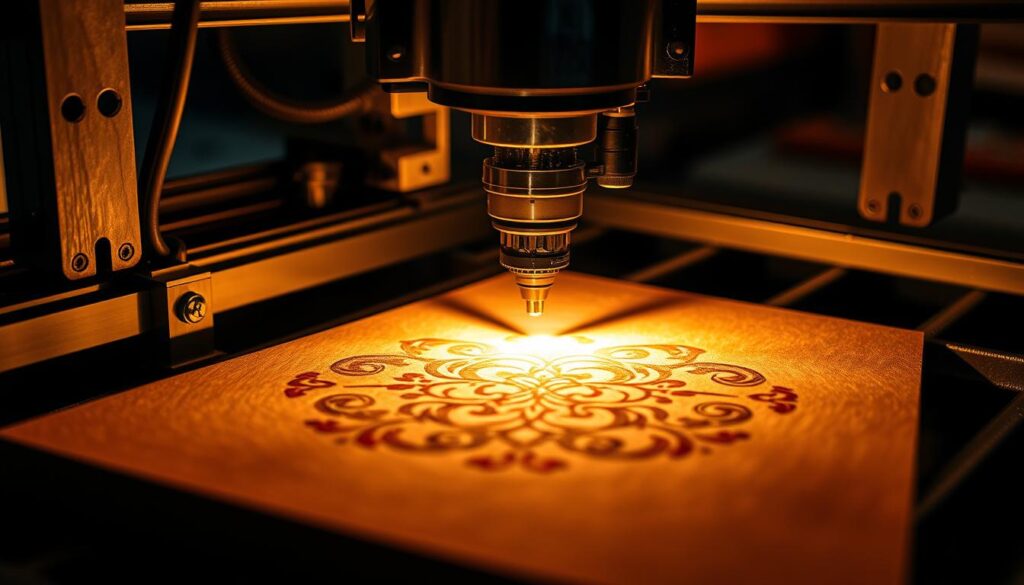 A close-up view of a laser engraving machine, showcasing its intricate inner workings. The machine's metallic frame and components are illuminated by a warm, diffused lighting, casting shadows that accentuate the precise engineering. The laser head, a central feature, emits a focused beam of light, precisely etching intricate patterns onto a wood or metal surface in the foreground. The background blurs, highlighting the machine's technical focus. The scene conveys a sense of precision, craftsmanship, and the power of laser technology in industrial and artisanal applications.