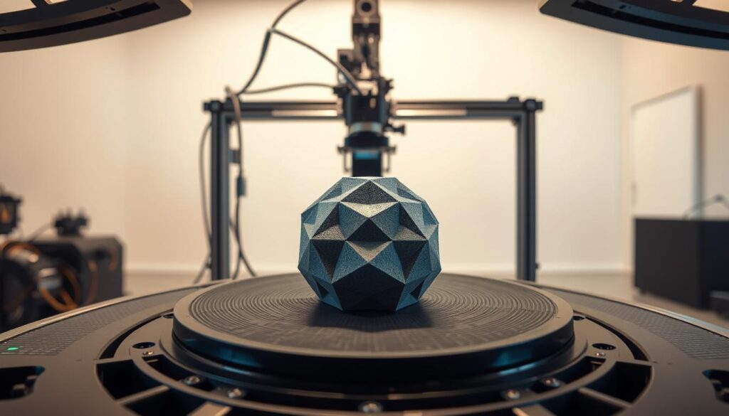 A detailed 3D scanning process, showcasing a precise and technical approach. In the foreground, a rotating platform captures a complex geometric object, its contours and textures meticulously scanned by a high-resolution laser. The middle ground reveals the scanning device, a state-of-the-art 3D scanner with precise sensors and intricate mechanisms. In the background, a minimalist, well-lit studio setting provides a clean, professional environment for the scanning operation. The scene conveys a sense of scientific rigor, with careful attention to technical accuracy and quality. Lighting is subtle yet evocative, highlighting the object's form and the scanner's inner workings. An image that embodies the essence of 3D scanning - a precise, technological process for capturing complex physical shapes. A detailed 3D scanning process, showcasing a precise and technical approach. In the foreground, a rotating platform captures a complex geometric object, its contours and textures meticulously scanned by a high-resolution laser. The middle ground reveals the scanning device, a state-of-the-art 3D scanner with precise sensors and intricate mechanisms. In the background, a minimalist, well-lit studio setting provides a clean, professional environment for the scanning operation. The scene conveys a sense of scientific rigor, with careful attention to technical accuracy and quality. Lighting is subtle yet evocative, highlighting the object's form and the scanner's inner workings. An image that embodies the essence of 3D scanning - a precise, technological process for capturing complex physical shapes.