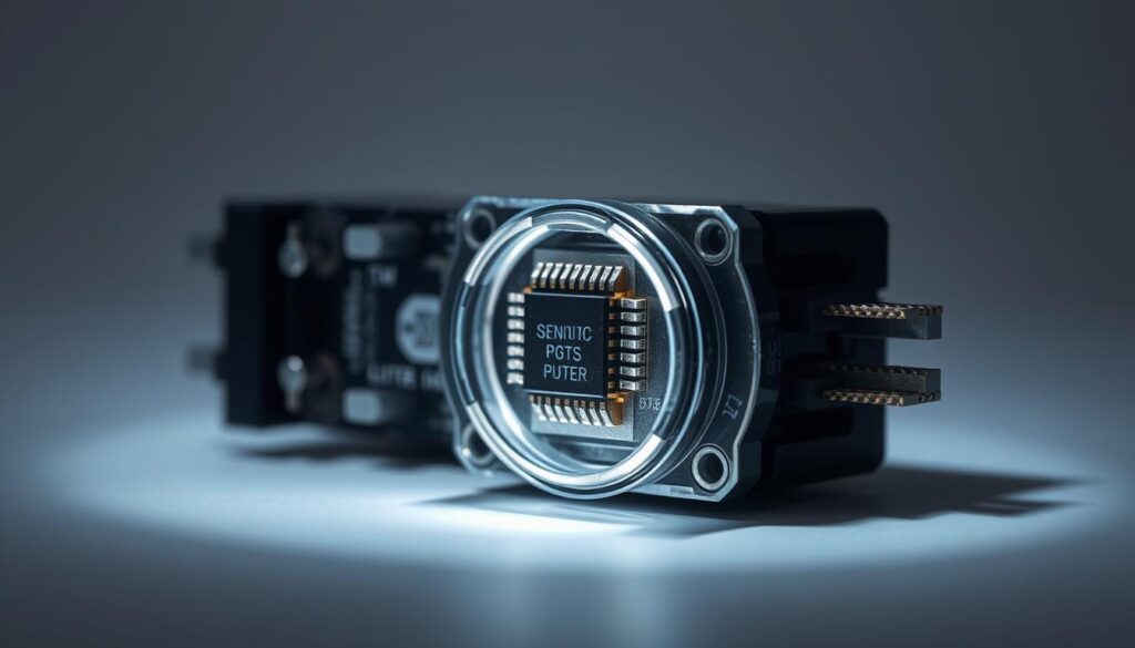 A detailed close-up view of a Hall effect sensor, showing its internal components and construction. The sensor is illuminated by soft, diffused lighting, casting subtle shadows and highlights that reveal its intricate structure. The foreground presents the sensor's core housing, with its magnetic field-responsive integrated circuit prominently displayed. The middle ground includes the sensor's connecting pins and leads, while the background features a minimal, clean environment to keep the focus on the technical details. The overall mood is one of precision engineering and scientific exploration, inviting the viewer to investigate the inner workings of this essential electronic component. A detailed close-up view of a Hall effect sensor, showing its internal components and construction. The sensor is illuminated by soft, diffused lighting, casting subtle shadows and highlights that reveal its intricate structure. The foreground presents the sensor's core housing, with its magnetic field-responsive integrated circuit prominently displayed. The middle ground includes the sensor's connecting pins and leads, while the background features a minimal, clean environment to keep the focus on the technical details. The overall mood is one of precision engineering and scientific exploration, inviting the viewer to investigate the inner workings of this essential electronic component.