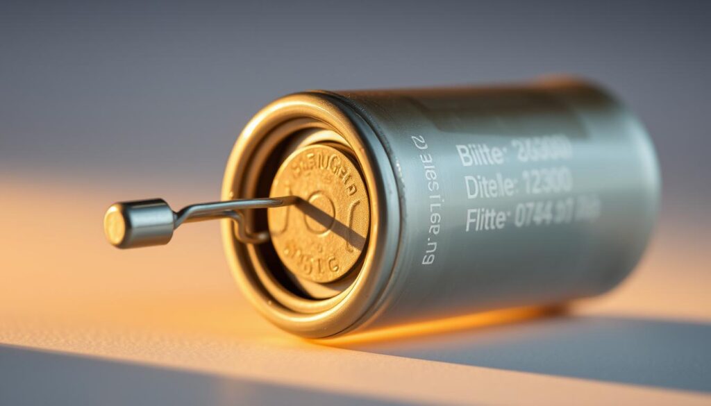 A detailed close-up view of a classic electronic capacitor, showcasing its intricate construction. The capacitor's cylindrical metal casing reflects the warm studio lighting, casting subtle shadows that highlight its contoured shape. The exposed terminals protrude from the ends, their polished surfaces gleaming. The dielectric material within is visible through the transparent insulating shell, revealing the delicate layers of conductive plates that store electrical charge. The overall composition emphasizes the elegant engineering and functional beauty of this essential electronic component. A detailed close-up view of a classic electronic capacitor, showcasing its intricate construction. The capacitor's cylindrical metal casing reflects the warm studio lighting, casting subtle shadows that highlight its contoured shape. The exposed terminals protrude from the ends, their polished surfaces gleaming. The dielectric material within is visible through the transparent insulating shell, revealing the delicate layers of conductive plates that store electrical charge. The overall composition emphasizes the elegant engineering and functional beauty of this essential electronic component.