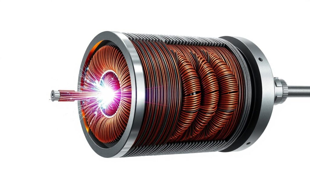 A detailed cross-section illustration of a powerful industrial electromagnet. The electromagnet's core is made of high-grade iron alloy, wrapped in multiple layers of thick copper wire coils. The coils are housed in a sturdy steel casing with cooling fins for efficient heat dissipation. Bright blue electric sparks crackle between the poles as the electromagnet is energized, generating a strong magnetic field. The scene is illuminated by dramatic studio lighting, casting deep shadows and highlights that accentuate the electromagnet's intricate mechanical structure. The background is a clean, minimalist white to make the electromagnet the sole focus of attention. A detailed cross-section illustration of a powerful industrial electromagnet. The electromagnet's core is made of high-grade iron alloy, wrapped in multiple layers of thick copper wire coils. The coils are housed in a sturdy steel casing with cooling fins for efficient heat dissipation. Bright blue electric sparks crackle between the poles as the electromagnet is energized, generating a strong magnetic field. The scene is illuminated by dramatic studio lighting, casting deep shadows and highlights that accentuate the electromagnet's intricate mechanical structure. The background is a clean, minimalist white to make the electromagnet the sole focus of attention.
