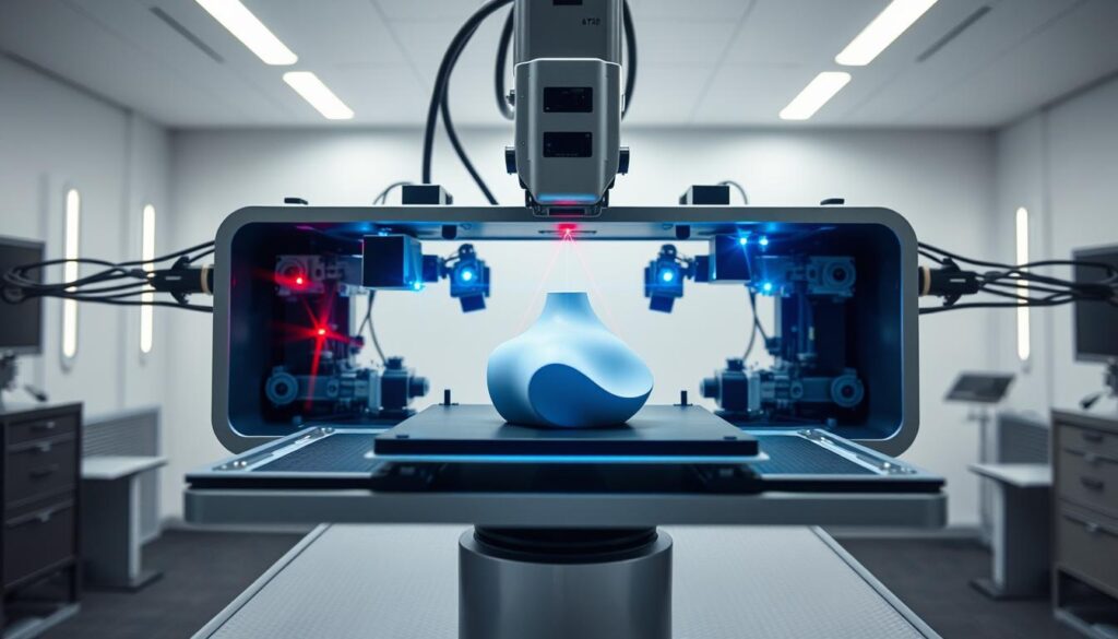 A detailed, cross-sectional view of a 3D scanner in operation. In the foreground, a sleek, modern scanner device with precise laser emitters and high-resolution camera sensors precisely capturing the contours of an object placed on the scanning platform. The middle ground reveals the internal mechanics, with precision motors and articulated arms delicately maneuvering the scanning elements. The background depicts a futuristic, minimalist workspace, with crisp lighting illuminating the scanning process. The overall mood is one of advanced technology, precision engineering, and cutting-edge 3D digitization. A detailed, cross-sectional view of a 3D scanner in operation. In the foreground, a sleek, modern scanner device with precise laser emitters and high-resolution camera sensors precisely capturing the contours of an object placed on the scanning platform. The middle ground reveals the internal mechanics, with precision motors and articulated arms delicately maneuvering the scanning elements. The background depicts a futuristic, minimalist workspace, with crisp lighting illuminating the scanning process. The overall mood is one of advanced technology, precision engineering, and cutting-edge 3D digitization.