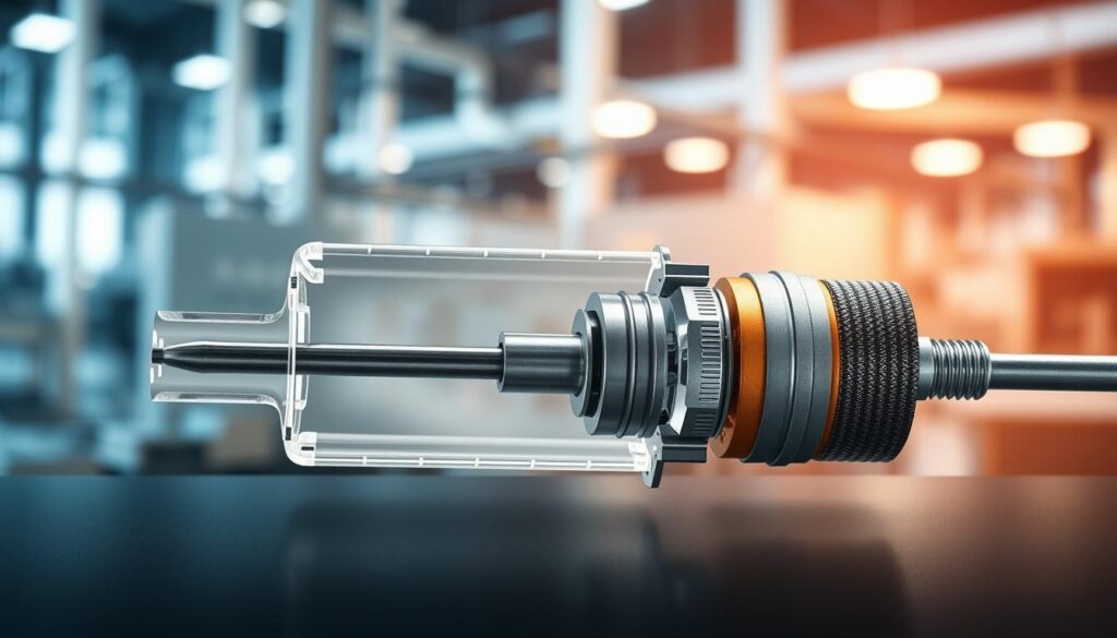 A detailed cutaway diagram of a temperature sensor, showcasing its internal components and construction. The foreground depicts the sensor housing, with a transparent casing revealing the delicate thermocouple or thermistor mechanism at the core. The middle ground displays a schematic diagram, highlighting the electrical connections and signal processing circuitry. The background features a soft-focus industrial setting, suggesting the sensor's application in various manufacturing or environmental monitoring scenarios. Muted, technical tones of grays, blues, and silvers convey a sense of precision and professionalism. Crisp lighting from multiple angles accentuates the sensor's intricate details and engineering.