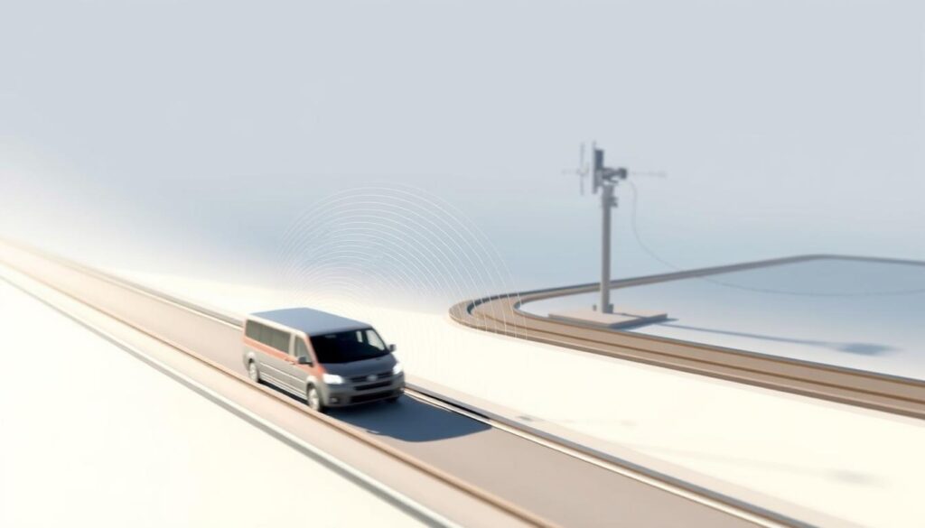 A detailed diagram illustrating the Doppler effect, with a focused perspective showcasing the concept of frequency change due to relative motion. The foreground features a moving object emitting waves, such as a car or train, with radial lines depicting the change in wave frequency. The middle ground depicts the observer, represented by a listening device or radar system, positioned at an angle to capture the Doppler shift. The background provides a clean, minimalist setting to emphasize the technical aspects, with subtle gradients or geometric patterns to enhance the scientific aesthetic. The lighting should be crisp and directional, casting shadows that accentuate the three-dimensional depth and the relationship between the moving object, the observer, and the wave propagation. The overall tone should convey a sense of technical precision and scientific understanding. A detailed diagram illustrating the Doppler effect, with a focused perspective showcasing the concept of frequency change due to relative motion. The foreground features a moving object emitting waves, such as a car or train, with radial lines depicting the change in wave frequency. The middle ground depicts the observer, represented by a listening device or radar system, positioned at an angle to capture the Doppler shift. The background provides a clean, minimalist setting to emphasize the technical aspects, with subtle gradients or geometric patterns to enhance the scientific aesthetic. The lighting should be crisp and directional, casting shadows that accentuate the three-dimensional depth and the relationship between the moving object, the observer, and the wave propagation. The overall tone should convey a sense of technical precision and scientific understanding.