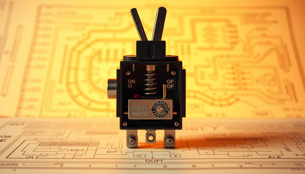 A detailed diagram of a bistable switch, showcasing its internal components and working principle. The foreground depicts the switch's housing, with a clear view of the two stable states - ON and OFF. The middle ground highlights the internal mechanism, including the spring-loaded lever and the electrical contacts. The background features a technical blueprint-style layout, providing context and technical details. Warm, neutral lighting illuminates the scene, emphasizing the intricate engineering behind this ubiquitous electrical device. The overall aesthetic conveys a sense of precision, functionality, and technical elegance suitable for an informative article on the applications of bistable switches in smart electrical installations.