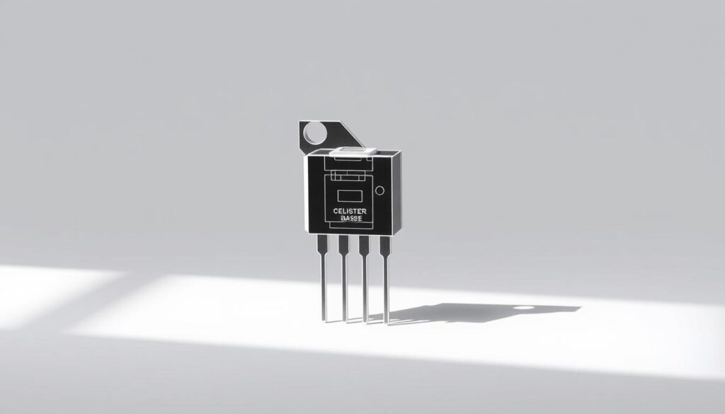 A detailed diagram of a transistor, showcasing its internal structure and key components. The transistor is depicted in a crisp, technical illustration, with precise engineering-style renderings of the base, collector, and emitter regions, as well as the gate terminal and the semiconductor material. The image features a clean, minimalist background, allowing the transistor design to be the focal point. Lighting is sharp and directional, casting subtle shadows that emphasize the three-dimensional form of the device. The overall mood is one of scientific precision and technological elegance, perfectly suited to illustrate the section on "What is a transistor?" in the article. A detailed diagram of a transistor, showcasing its internal structure and key components. The transistor is depicted in a crisp, technical illustration, with precise engineering-style renderings of the base, collector, and emitter regions, as well as the gate terminal and the semiconductor material. The image features a clean, minimalist background, allowing the transistor design to be the focal point. Lighting is sharp and directional, casting subtle shadows that emphasize the three-dimensional form of the device. The overall mood is one of scientific precision and technological elegance, perfectly suited to illustrate the section on "What is a transistor?" in the article.
