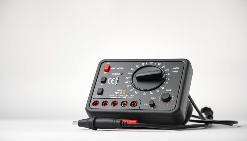 A detailed, high-quality image of a multimeter, a versatile electronic measuring instrument. The multimeter is shown in the foreground, prominently displayed against a clean, neutral background. The device is meticulously rendered, capturing its sleek, modern design with a mix of matte and glossy surfaces. The multimeter's various input jacks, dials, and display are clearly visible, showcasing its functionality and technical capabilities. The lighting is soft and even, creating a sense of depth and highlighting the multimeter's key features. The overall composition is balanced, drawing the viewer's attention to the central subject and conveying a sense of professionalism and utility, suitable for illustrating the section on "What is a multimeter and what is it used for?" A detailed, high-quality image of a multimeter, a versatile electronic measuring instrument. The multimeter is shown in the foreground, prominently displayed against a clean, neutral background. The device is meticulously rendered, capturing its sleek, modern design with a mix of matte and glossy surfaces. The multimeter's various input jacks, dials, and display are clearly visible, showcasing its functionality and technical capabilities. The lighting is soft and even, creating a sense of depth and highlighting the multimeter's key features. The overall composition is balanced, drawing the viewer's attention to the central subject and conveying a sense of professionalism and utility, suitable for illustrating the section on "What is a multimeter and what is it used for?"