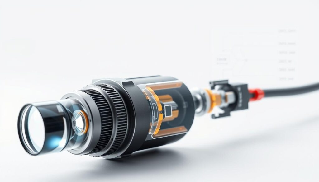 A detailed optical sensor diagram depicting its key components and functionality. In the foreground, a close-up view of the sensor's optical lens and light-sensitive detector, showcasing the fundamental mechanism that converts light into electrical signals. In the middle ground, a sectional illustration revealing the internal structure, including the housing, signal processing circuitry, and data output interfaces. The background features a minimalist technical diagram highlighting the sensor's measurement principles, input/output parameters, and potential industrial applications. The overall mood is one of technical precision and visual clarity, conveying the essential nature of optical sensors in modern electronics and automation.
