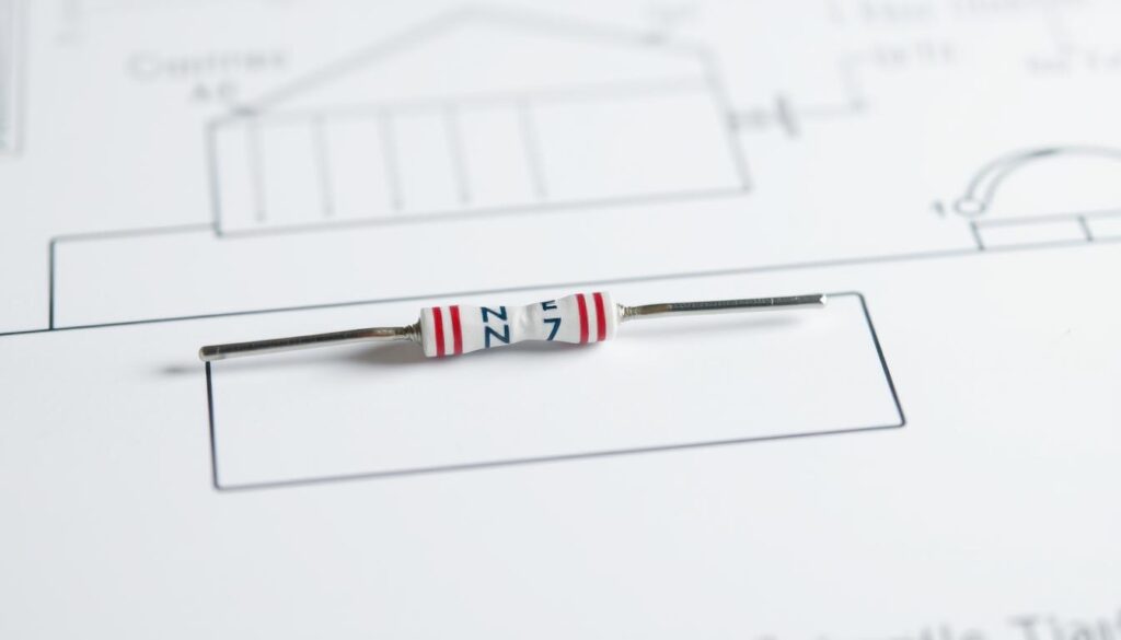 A detailed schematic diagram of a voltage divider circuit. The foreground features the core components - two resistors connected in series, with a voltage input and two output terminals. The resistor values and their positions are clearly labeled. The middle ground showcases a clean, minimalist circuit board layout with clean traces and pads. The background displays a soft, blurred technical blueprint or engineering diagram, providing context and a sense of depth. The lighting is crisp and evenly distributed, creating clear shadows and highlights that accentuate the three-dimensional nature of the components. The overall mood is one of precision, functionality, and technical elegance. A detailed schematic diagram of a voltage divider circuit. The foreground features the core components - two resistors connected in series, with a voltage input and two output terminals. The resistor values and their positions are clearly labeled. The middle ground showcases a clean, minimalist circuit board layout with clean traces and pads. The background displays a soft, blurred technical blueprint or engineering diagram, providing context and a sense of depth. The lighting is crisp and evenly distributed, creating clear shadows and highlights that accentuate the three-dimensional nature of the components. The overall mood is one of precision, functionality, and technical elegance.