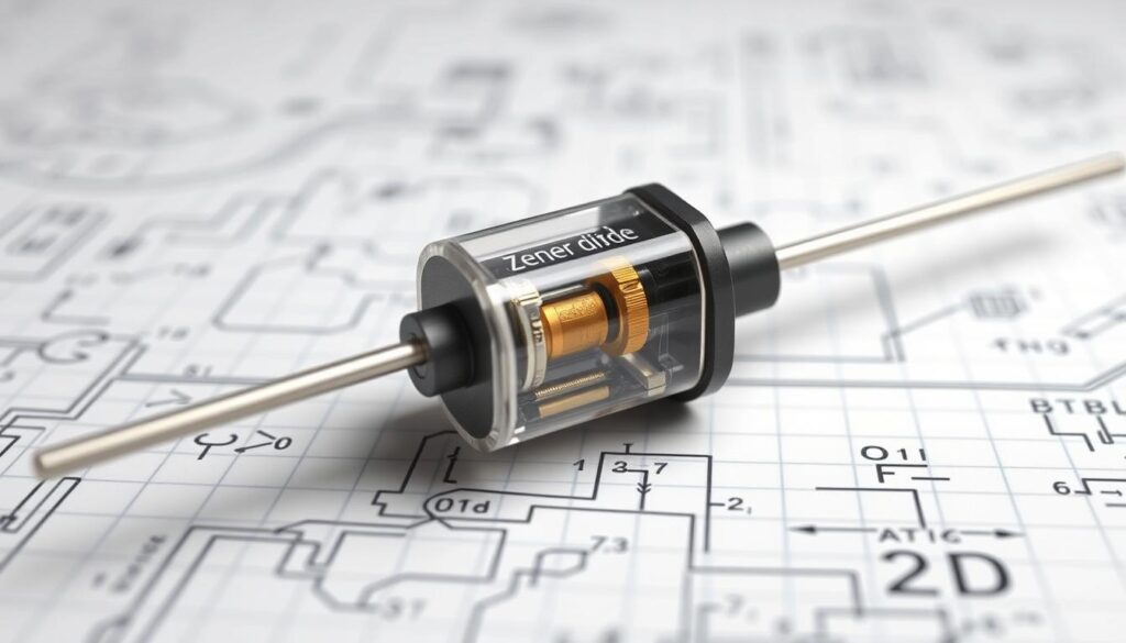 A detailed, technical diagram of a Zener diode, showcasing its internal structure and key components. The diode is depicted in the foreground, with a crisp, clean, and well-lit rendering. The middle ground features a technical grid or schematic background, providing context and emphasizing the device's engineering principles. The background subtly blends technical illustrations, circuit diagrams, and engineering schematics to reinforce the scientific nature of the Zener diode. The overall composition conveys a sense of precision, functionality, and a deep understanding of the underlying semiconductor technology. A detailed, technical diagram of a Zener diode, showcasing its internal structure and key components. The diode is depicted in the foreground, with a crisp, clean, and well-lit rendering. The middle ground features a technical grid or schematic background, providing context and emphasizing the device's engineering principles. The background subtly blends technical illustrations, circuit diagrams, and engineering schematics to reinforce the scientific nature of the Zener diode. The overall composition conveys a sense of precision, functionality, and a deep understanding of the underlying semiconductor technology.