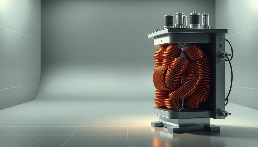A detailed technical diagram of a transformer's inner workings, rendered in a technical, engineering-style illustration. The foreground shows the transformer's core, with tightly wound copper coils and laminated steel plates. The middle ground depicts the transformer's casing, showcasing the intricate connections and terminals. The background features a clean, minimalist environment with subtle perspective lines and a muted color palette, emphasizing the technical nature of the subject. Crisp lighting from multiple angles highlights the transformer's components, conveying a sense of precision and functionality. The overall mood is one of scientific exploration and mechanical elegance.