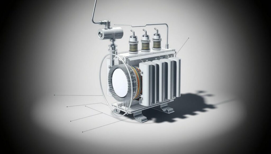 A detailed technical diagram showcasing the internal structure and working principle of a power transformer. The image should depict a cross-sectional view of the transformer, highlighting the core, windings, insulation, and other key components. The scene should be rendered with a clean, technical aesthetic, using muted colors and precise, technical linework to convey a sense of engineering and functionality. Lighting should be directional, creating well-defined shadows to emphasize the 3D form of the components. The overall mood should be informative and educational, suitable for illustrating a technical article on transformer theory and applications.
