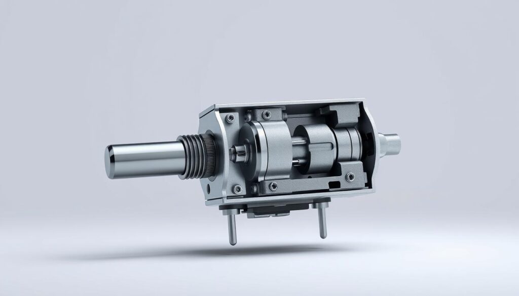 A detailed technical illustration of a bistable switch, showcasing its intricate inner workings. The device is presented against a clean, minimalist background, allowing the viewer to focus on its precise mechanical components. Crisp lighting from the side illuminates the subtle textures and contours of the switch's metal housing and toggle mechanism. The perspective is slightly elevated, providing an engaging, three-dimensional view of the subject. The overall mood is one of precision engineering and functional elegance, reflecting the switch's reliable and efficient design.