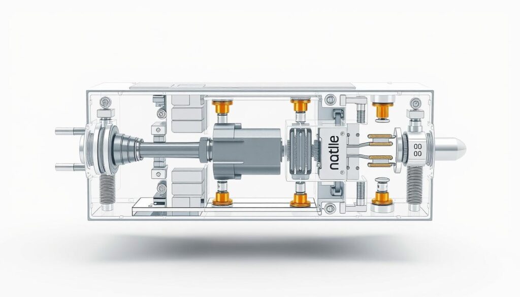 A detailed technical illustration of the internal structure and operation of a bistable switch. Showcase the key components in cross-section, including the central toggle mechanism, electrical contacts, and spring-loaded actuators. Render the design with precision and technical accuracy, using a neutral color palette and clean, technical linework. Depict the switch in multiple states - open and closed - to demonstrate its bistable functionality. Capture the switch from a slight angle to provide depth and perspective, with soft studio lighting illuminating the intricate details. The overall mood should be informative and engineered, suitable for an educational technical article.