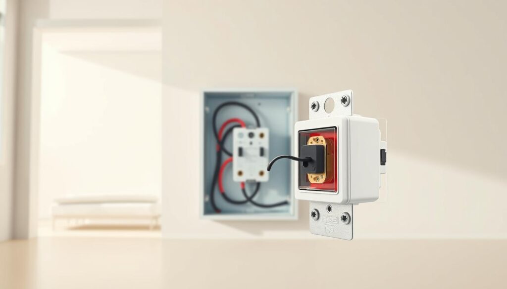 A detailed technical illustration showcasing the advantages of bistable switches in smart electrical installations. The foreground features a close-up view of a bistable switch mechanism, its internal components and wiring highlighted in crisp detail. The middle ground depicts the switch installed in a sleek, modern electrical panel, surrounded by clean lines and minimalist design. The background subtly suggests the broader context of a smart home or building, with subtle architectural elements and a soft, even lighting that creates a sense of technological sophistication. The overall composition conveys the reliable, energy-efficient, and user-friendly nature of bistable switches in intelligent electrical systems.