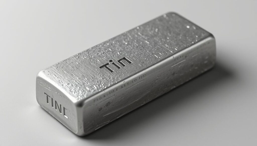 A highly detailed, realistic rendering of a polished tin ingot or bar, capturing its metallic sheen and weight. The surface should exhibit the distinctive grainy, mottled texture of pure tin, with subtle gradients of light and shadow accentuating its form. The ingot should be positioned centrally against a muted, uniform background, allowing the material's intrinsic properties to take center stage. Employ a crisp, high-resolution camera angle that showcases the ingot's clean, uniform lines and edges, conveying a sense of the metal's density and industrial utility. Imbue the scene with a sense of understated elegance, highlighting tin's functional beauty as an essential component in electronic manufacturing and soldering applications.