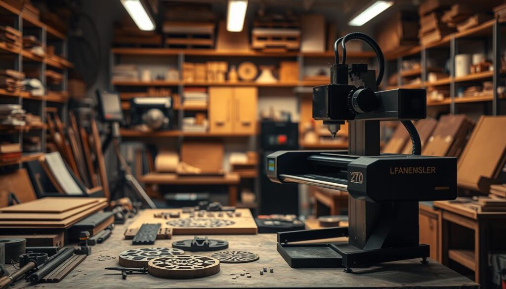 A laser engraving workshop with various tools and equipment. In the foreground, a laser engraving machine stands prominently, its modern design and precise controls hinting at the advanced technology behind the process. In the middle ground, intricate metal or wood workpieces are being carefully manipulated, showcasing the level of detail that can be achieved. The background is filled with shelves of materials, tools, and finished products, conveying the breadth of applications for this versatile technique. Warm, focused lighting illuminates the scene, creating a sense of precision and craftsmanship. The overall atmosphere is one of innovation, creativity, and the intersection of technology and traditional artisanal skills.