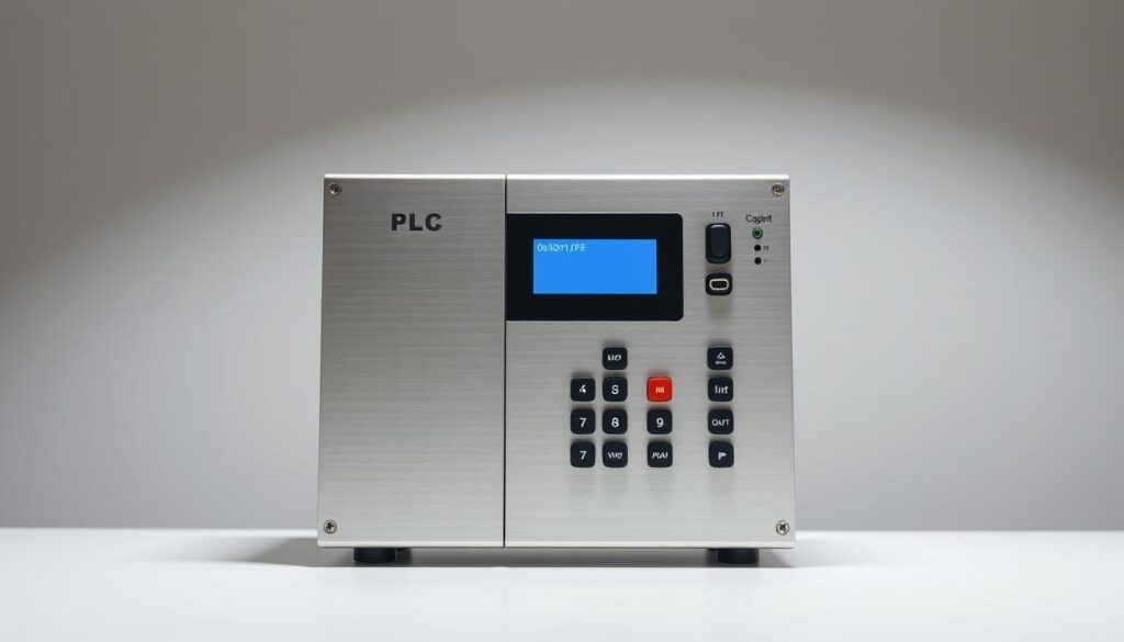 A sleek, industrial-style programmable logic controller (PLC) with a modern, intuitive interface displayed in a well-lit, minimalist setting. The PLC's metal casing has a brushed aluminum finish, conveying a sense of durability and precision engineering. The device is positioned prominently on a clean, uncluttered desk, allowing the viewer to focus on its core functionality. Soft, directional lighting from above creates subtle shadows, highlighting the PLC's tactile control buttons and display panel. The background is a simple, neutral-toned environment, emphasizing the technological sophistication of the PLC and its role in industrial automation.