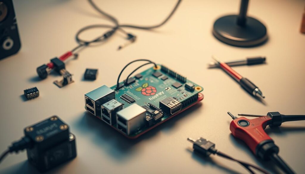 A sleek, modern Raspberry Pi computer resting on a clean, minimalist desk, its iconic red board and ports clearly visible. The device is surrounded by scattered electronic components, cables, and tools, hinting at its versatile applications in home automation, robotics, and technical education. Soft, directional lighting casts a warm glow, highlighting the Raspberry Pi's compact yet powerful design. The scene conveys a sense of innovation, experimentation, and the boundless possibilities of this versatile single-board computer.