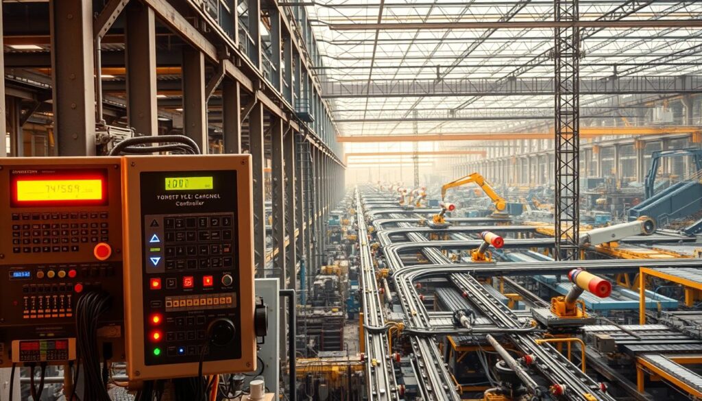A vast industrial landscape, with towering steel structures and intricate machinery. In the foreground, a programmable logic controller (PLC) stands as the centerpiece, its sleek interface and indicator lights glowing with the rhythmic pulse of automated processes. The middle ground is filled with a web of cables, sensors, and valves, all working in seamless harmony to control the flow of production. In the background, a panoramic view of the factory floor, with towering cranes, conveyor belts, and robotic arms moving in a choreographed dance of efficiency and precision. The scene is bathed in a warm, amber light, conveying a sense of power, sophistication, and the mastery of technology in the realm of industrial automation.