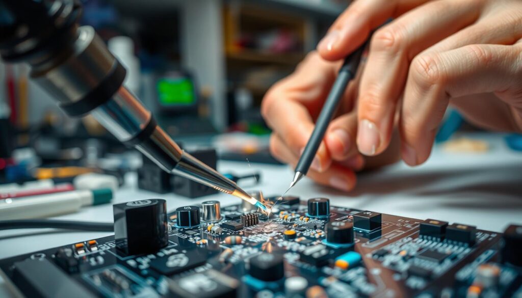 A well-lit, macro-style image showcasing the process of soldering electronic components. The foreground features a closeup view of a soldering iron melting solder onto a circuit board, with the tip glowing brightly. In the middle ground, the hands of a skilled technician carefully manipulate the components, creating a intricate web of connections. The background is blurred, but reveals the workspace - a clean, organized electronics lab with various tools and equipment. The overall mood is one of precision, focus, and the technical mastery of this delicate craft. A well-lit, macro-style image showcasing the process of soldering electronic components. The foreground features a closeup view of a soldering iron melting solder onto a circuit board, with the tip glowing brightly. In the middle ground, the hands of a skilled technician carefully manipulate the components, creating a intricate web of connections. The background is blurred, but reveals the workspace - a clean, organized electronics lab with various tools and equipment. The overall mood is one of precision, focus, and the technical mastery of this delicate craft.