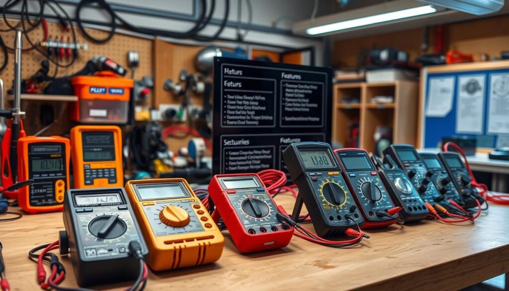 A well-lit workbench showcasing an assortment of multimeters in the foreground, ranging from basic digital models to professional-grade analog units. In the middle ground, technical specifications and features are displayed, guiding the viewer's understanding of the multimeter's capabilities. The background depicts a clean, organized workshop setting, conveying a sense of precision and attention to detail. The overall composition emphasizes the importance of selecting the right multimeter for electrical diagnostics and measurements, seamlessly aligning with the article's subject and section title. A well-lit workbench showcasing an assortment of multimeters in the foreground, ranging from basic digital models to professional-grade analog units. In the middle ground, technical specifications and features are displayed, guiding the viewer's understanding of the multimeter's capabilities. The background depicts a clean, organized workshop setting, conveying a sense of precision and attention to detail. The overall composition emphasizes the importance of selecting the right multimeter for electrical diagnostics and measurements, seamlessly aligning with the article's subject and section title.