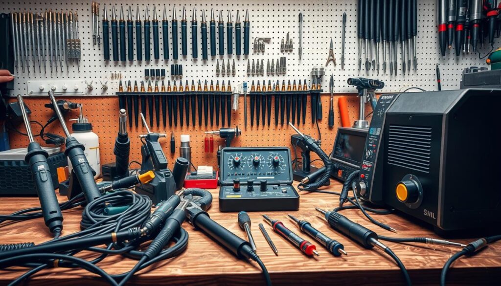 A well-lit workshop scene showcasing an assortment of professional-grade electric and gas soldering irons. The foreground prominently displays a variety of soldering tools, including a handheld electric soldering iron, a cordless butane-powered soldering torch, and a heavy-duty industrial soldering station. In the middle ground, a soldering workbench with a textured wood surface holds additional accessories such as solder wire, flux, and a third-hand tool. The background features a pegboard wall displaying a range of specialized soldering iron tips and nozzles. Overall, the image conveys a sense of precision, functionality, and the diverse options available for modern electronic soldering tasks. A well-lit workshop scene showcasing an assortment of professional-grade electric and gas soldering irons. The foreground prominently displays a variety of soldering tools, including a handheld electric soldering iron, a cordless butane-powered soldering torch, and a heavy-duty industrial soldering station. In the middle ground, a soldering workbench with a textured wood surface holds additional accessories such as solder wire, flux, and a third-hand tool. The background features a pegboard wall displaying a range of specialized soldering iron tips and nozzles. Overall, the image conveys a sense of precision, functionality, and the diverse options available for modern electronic soldering tasks.