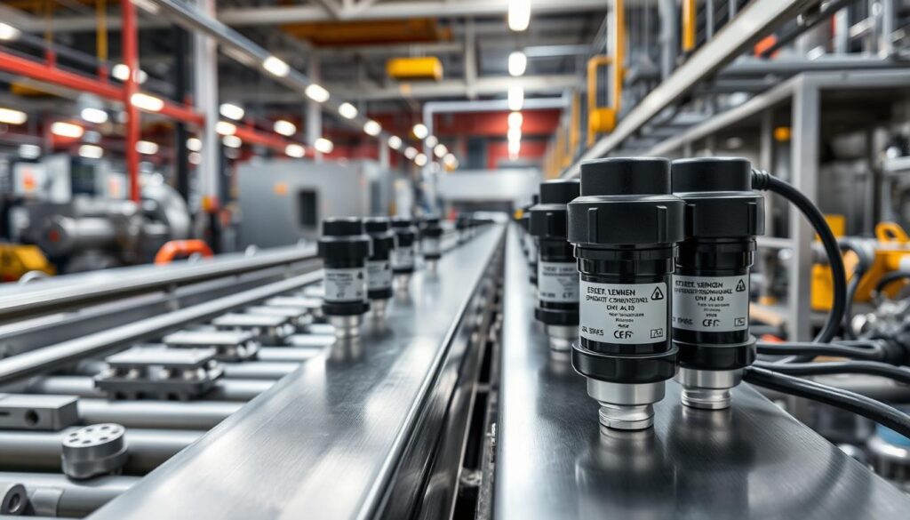 An industrial scene showcasing inductive sensors. In the foreground, several cylindrical inductive proximity sensors are mounted on a metallic surface, their sleek black casings contrasted against the shiny metal. The middle ground reveals a conveyor belt system, with metal parts and components moving along the belt. In the background, various machinery and factory equipment are visible, creating a sense of a well-equipped automation environment. The lighting is bright and even, highlighting the technical details of the sensors and the overall industrial setting. The perspective is slightly elevated, allowing for a comprehensive view of the scene. An industrial scene showcasing inductive sensors. In the foreground, several cylindrical inductive proximity sensors are mounted on a metallic surface, their sleek black casings contrasted against the shiny metal. The middle ground reveals a conveyor belt system, with metal parts and components moving along the belt. In the background, various machinery and factory equipment are visible, creating a sense of a well-equipped automation environment. The lighting is bright and even, highlighting the technical details of the sensors and the overall industrial setting. The perspective is slightly elevated, allowing for a comprehensive view of the scene.
