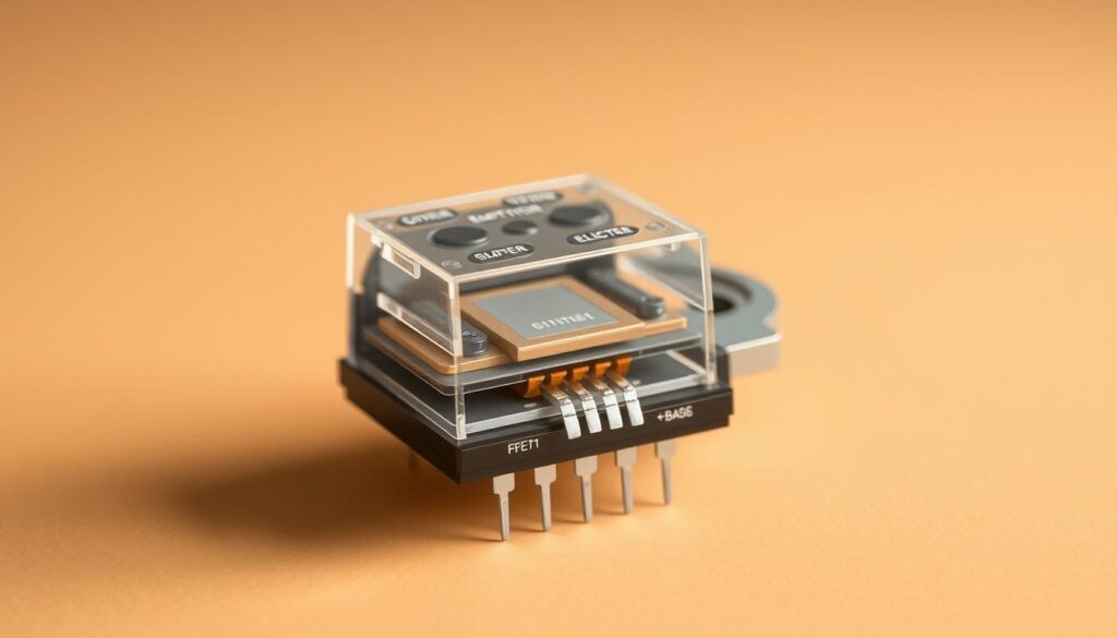 Cutaway diagram of a transistor, showing its internal structure and operation. Detailed cross-section revealing the semiconductor layers, emitter, collector, and base. Crisp, technical illustration with precise labels and annotations. Warm, diffused lighting highlights the intricate geometry. Neutral, muted color palette accentuates the technical nature. Perspective angled to provide clear view of transistor's inner workings. Emphasis on the fundamental principles of transistor action - control of current flow through a semiconductor by an electric field. Cutaway diagram of a transistor, showing its internal structure and operation. Detailed cross-section revealing the semiconductor layers, emitter, collector, and base. Crisp, technical illustration with precise labels and annotations. Warm, diffused lighting highlights the intricate geometry. Neutral, muted color palette accentuates the technical nature. Perspective angled to provide clear view of transistor's inner workings. Emphasis on the fundamental principles of transistor action - control of current flow through a semiconductor by an electric field.