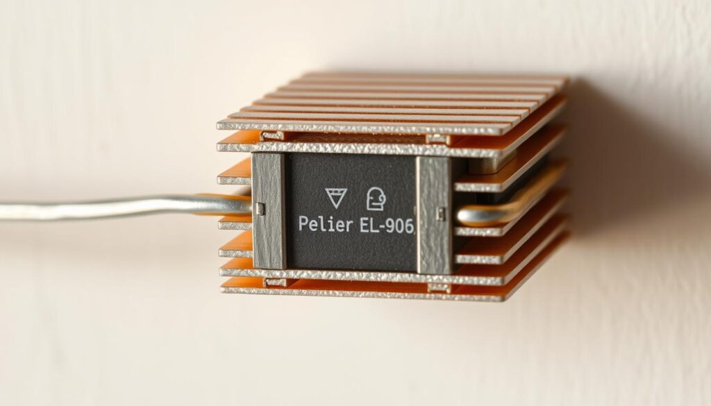 A close-up view of a Peltier element, showcasing its intricate design. The device features two dissimilar metal conductors joined together, creating a junction that enables the transfer of heat from one side to the other when an electric current is applied. The element is depicted against a neutral background, with careful attention to the materials, textures, and subtle details that define its construction. Warm and cool tones are balanced, conveying the element's ability to both heat and cool depending on the direction of the current flow. The lighting is soft and diffused, highlighting the clean, minimalist aesthetic of the Peltier module. A close-up view of a Peltier element, showcasing its intricate design. The device features two dissimilar metal conductors joined together, creating a junction that enables the transfer of heat from one side to the other when an electric current is applied. The element is depicted against a neutral background, with careful attention to the materials, textures, and subtle details that define its construction. Warm and cool tones are balanced, conveying the element's ability to both heat and cool depending on the direction of the current flow. The lighting is soft and diffused, highlighting the clean, minimalist aesthetic of the Peltier module.